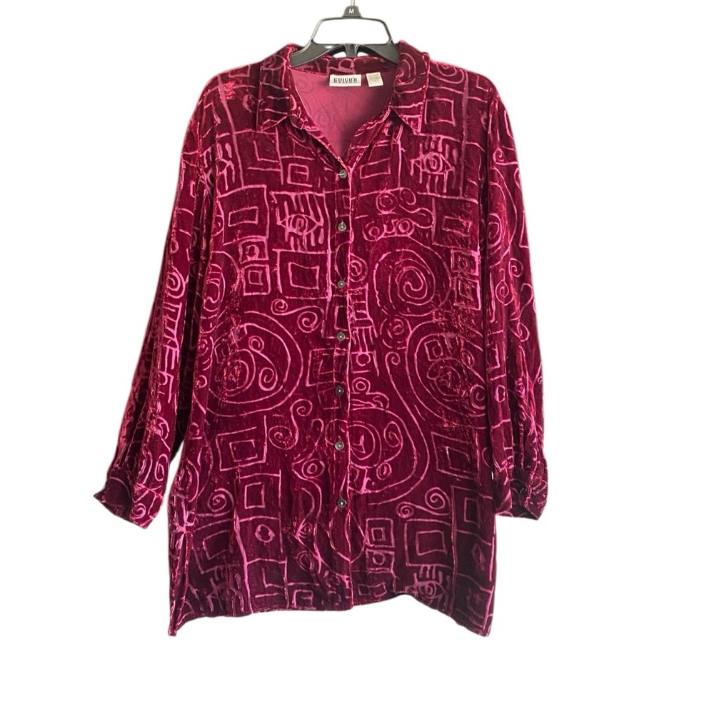 VINTAGE Chico’s Design Red Velvet Long Sleeve Button Down Shirt. Size 2 = Large